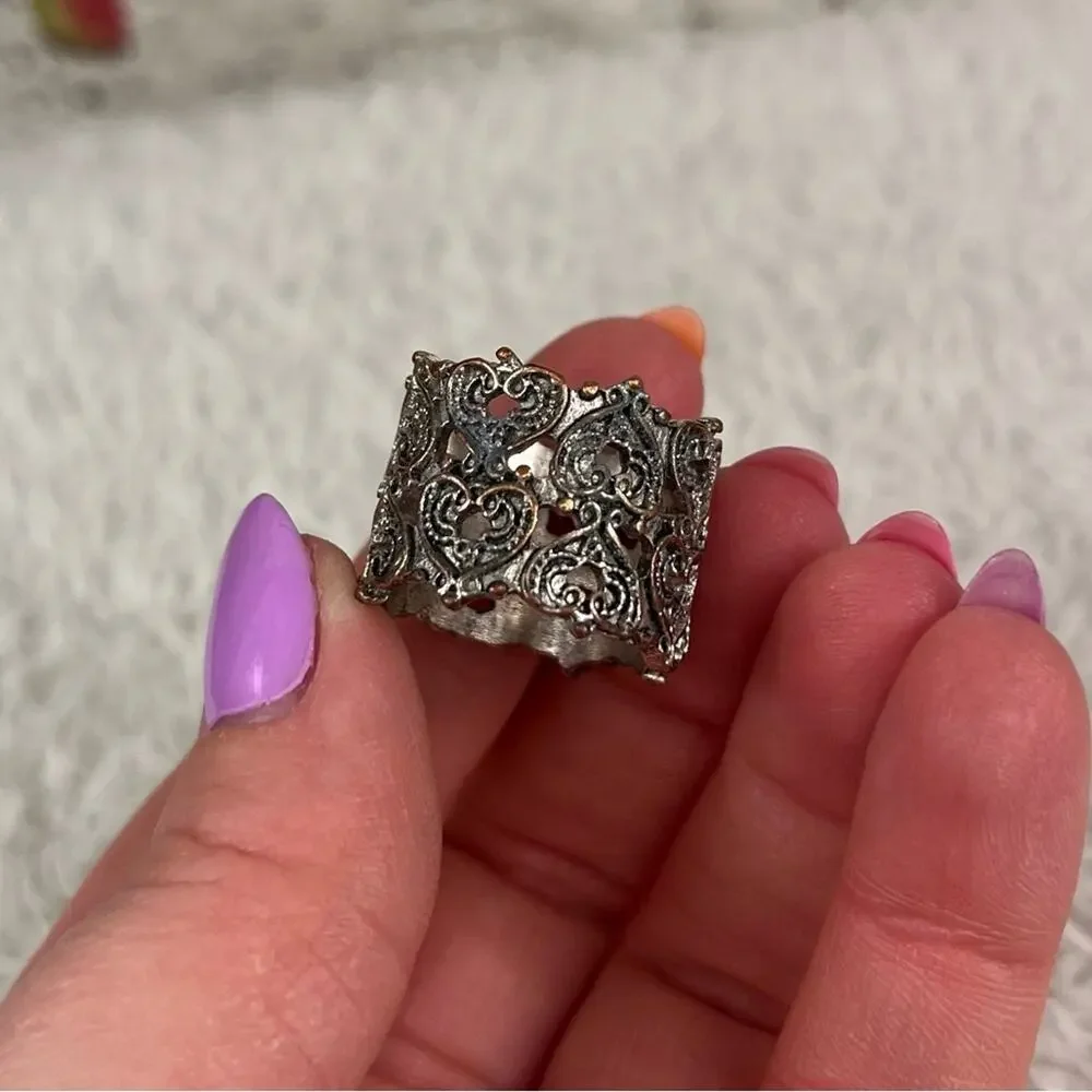 Vintage Silver Two Rows of‎ Hearts Victorian Filigree Style 90s Ring Retro Punk